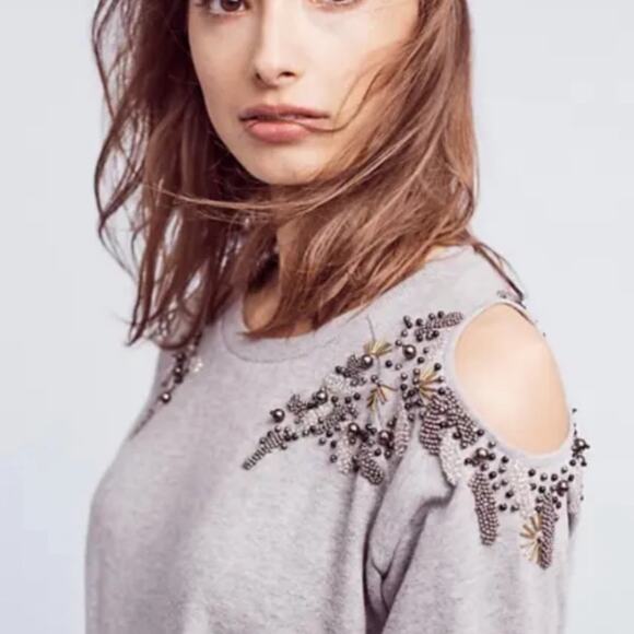 Anthropologie Deletta Twilight Gray Beaded Cold Shoulder Sweatshirt - Picture 1 of 14